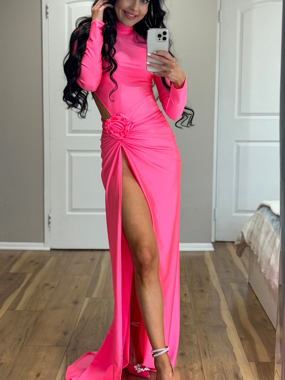 Elegant Hot Pink Long Sleeve Cutout Evening Dress with Floral Detail